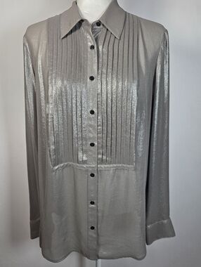 Lauren Ralph Lauren Metallic Pleated Blouse Gray L
